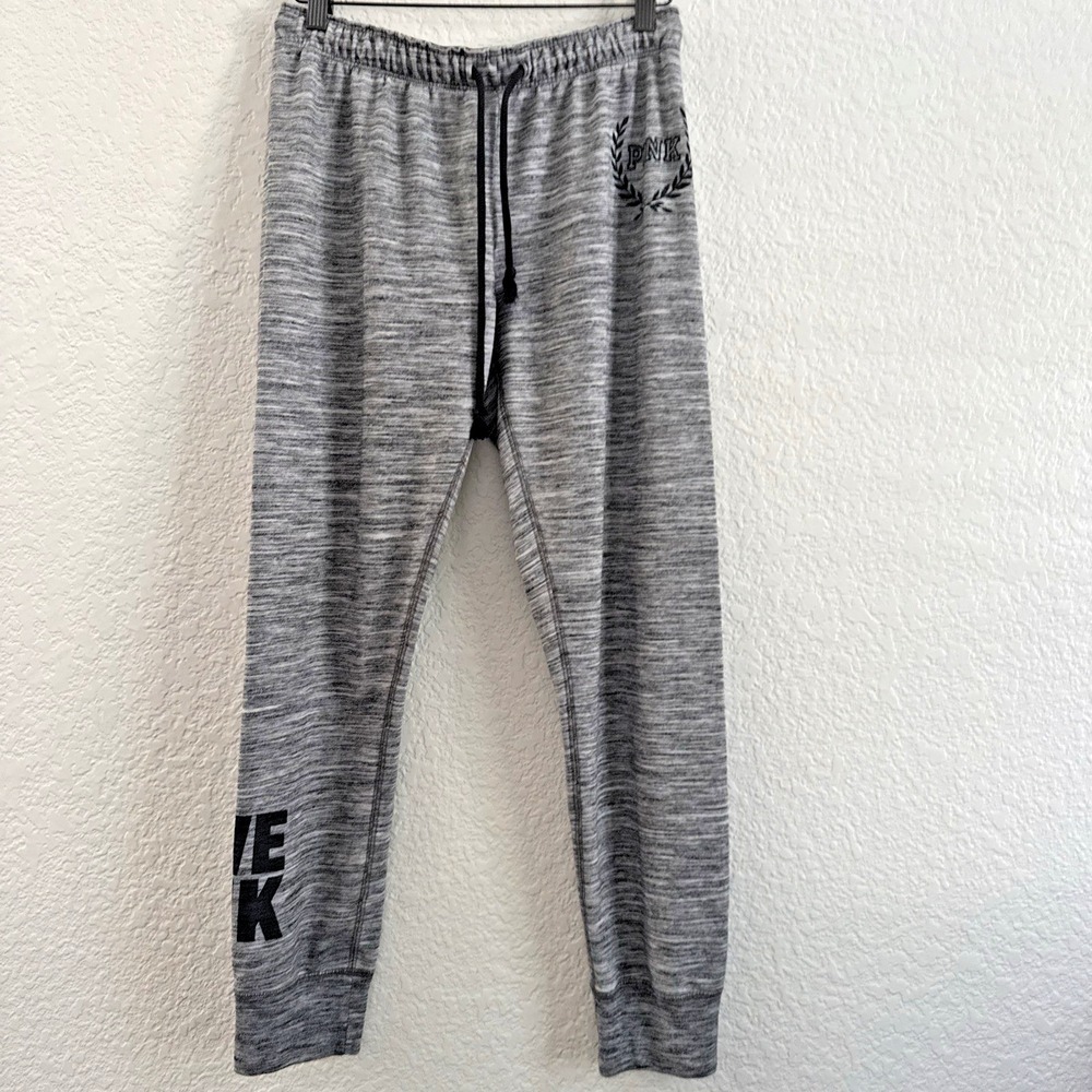 PINK Gray Jogger Pants Women's Size M Drawstring Waist Elastic Tapered Leg Logo